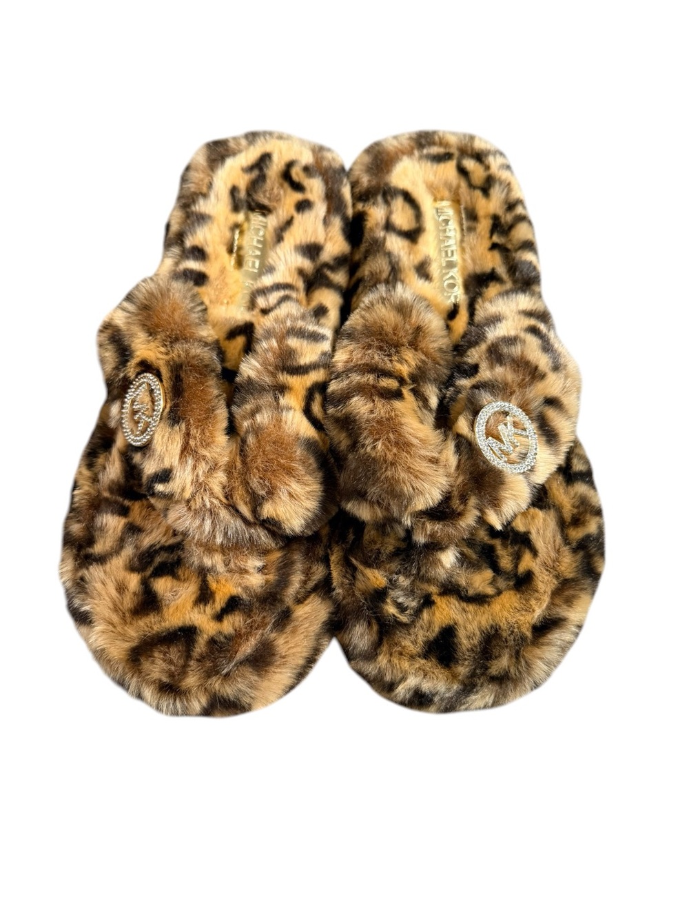 Michael Kors Leopard Faux Fur Slippers Rhinestone MK Logo Size 8M - Picture 5 of 10